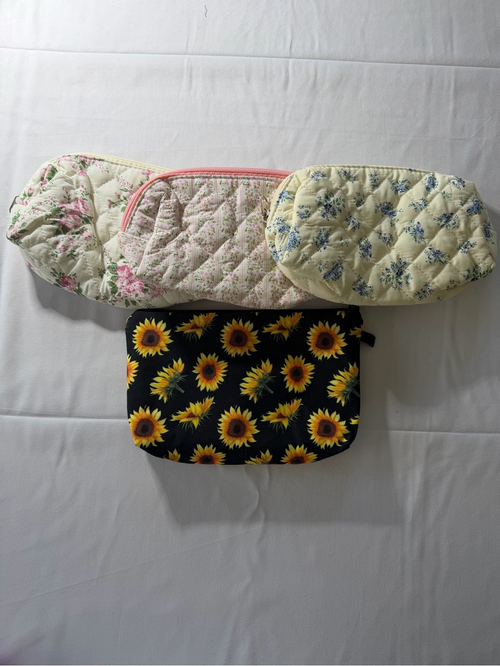 Floral Cosmetic Makeup Bag Bundle 4 Pc Quilted Sunflower Travel Pouches